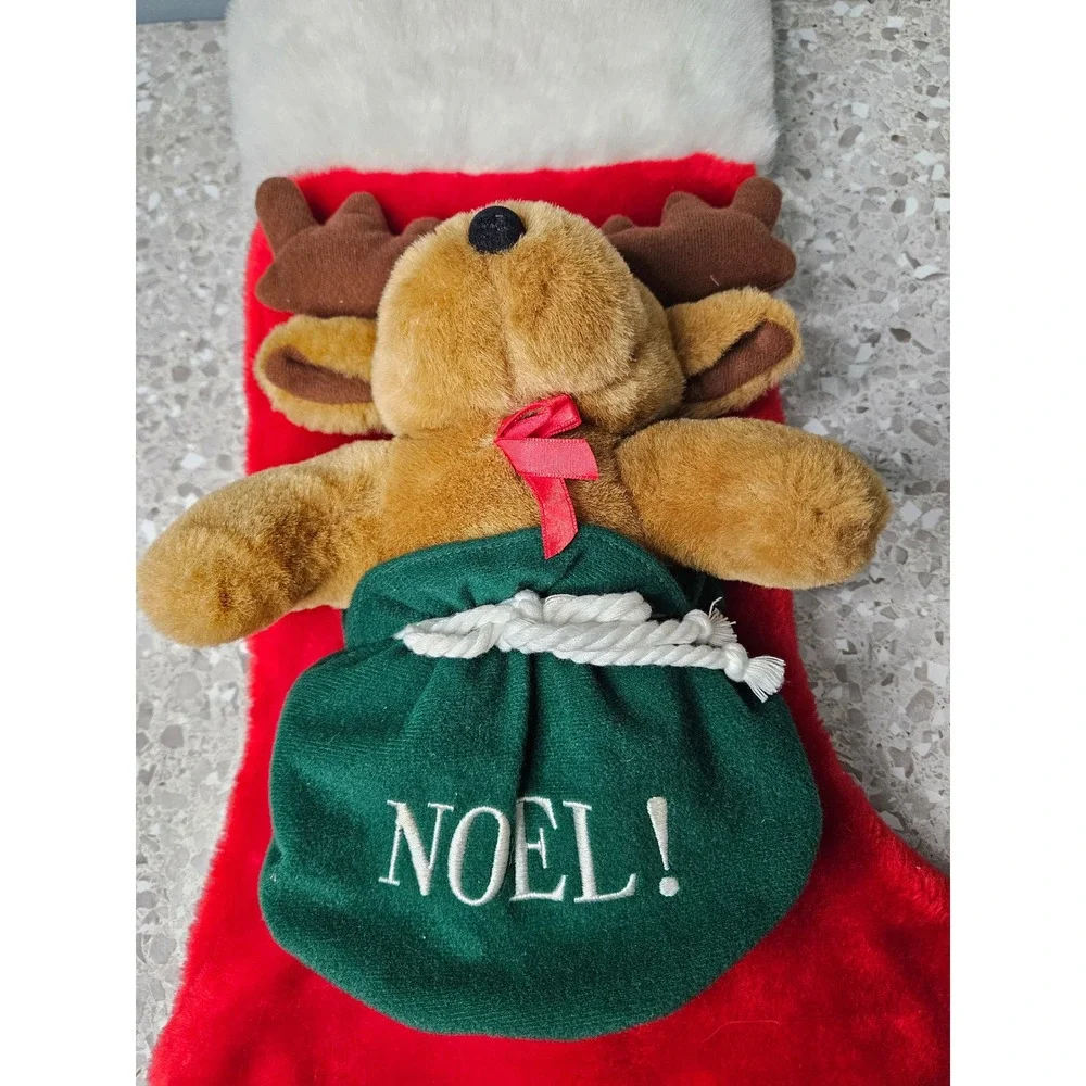 Christmas Stocking Red Reindeer Plush 3D Noel Green Sack Faux Fur Trim 20 Inch